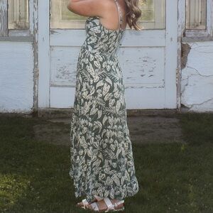 Angie Olive and Cream Leaf Print Maxi Dress